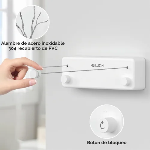 Vista 3 de Mbillion Tendedero retráctil de acero inoxidable de 13.8 pies, línea de ropa doble retráctil para interiores, resistente, línea de lavandería