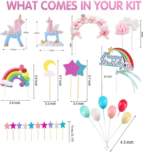 Vista 2 de Kit de decoración de pastel de unicornio con 2 esculturas, bolas de arco iris para suministros de fiesta de cumpleaños