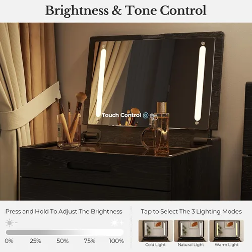 Vista 7 de Muwuele Escritorio pequeño de madera maciza con espejo y luces, tocador de maquillaje estrecho para espacios pequeños, mesa auxiliar de tocador