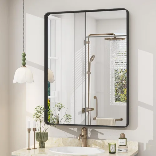 Vista 147 de Paquete de 2 espejos de baño con marco de metal negro de 22 x 30 pulgadas, espejo rectangular redondeado negro mate, antioxidante, se cuelga