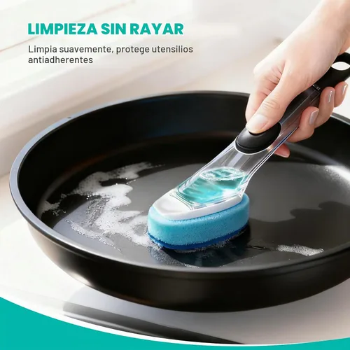 Vista 2 de Varita para platos con asa, 4 cabezales de esponja de repuesto antiarañazos Azul