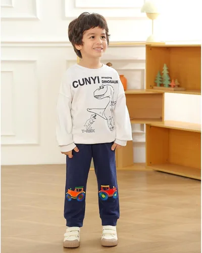 Vista 2 de GFQLONG Paquete de 3 pantalones deportivos elásticos con cordón para bebé, de algodón, dinosaurio, con bolsillos