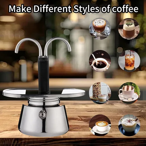 Vista 8 de Olla de Moka de Acero Inoxidable, Cafetera de Espresso de 2 Tazas para Estufa con Doble Boca, Fácil de Operar, Prepara Café Rápidamente, Olla
