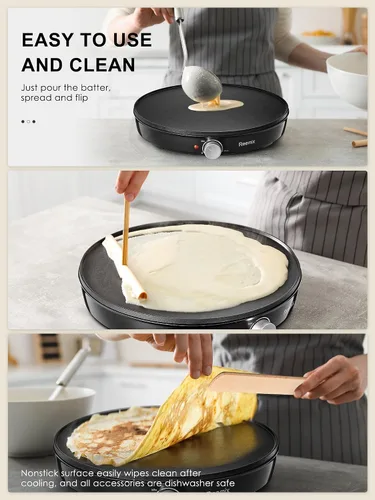 Vista 4 de Reemix - Máquina para hacer crepas, plancha compacta para panqueques, control de temperatura preciso, plancha eléctrica antiadherente de 12