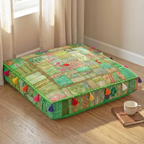 Vista 9 de THE ART BOX Almohadas de Suelo y Fundas de Cojín de Retazos de Algodón Vintage Boho Bordadas, Puf para Perros, Puf de Asiento, Almohada