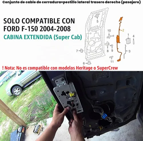 Vista 3 de Pestillo de puerta con conjunto de cable compatible para Ford F-150 de cabina extendida 2004-2008 Reemplazo de puerta trasera derecha 6L3Z18264A00B