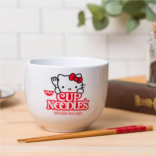 Vista 98 de Silver Buffalo Sanrio Hello Kitty Flowers, cuenco de ramen con palillos Patrón de flores de Hello Kitty