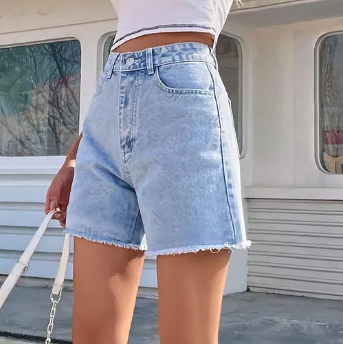 Vista 5 de Pantalones cortos de mezclilla rasgados de cintura alta para mujer, dobladillo deshilachado, medio muslo, pantalones cortos casuales con bolsillos