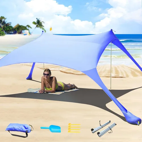 Vista 8 de Tienda de campaña de playa de 77 pies con protección UV UPF50+, toldo al aire libre con 2 postes para camping, pesca, patio trasero y pícnics
