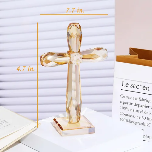 Vista 4 de YWHL Cruz de pie de cristal champagne, regalos religiosos para mujeres y hombres, figuras coleccionables de cruz de Pascua de vidrio hechas a mano
