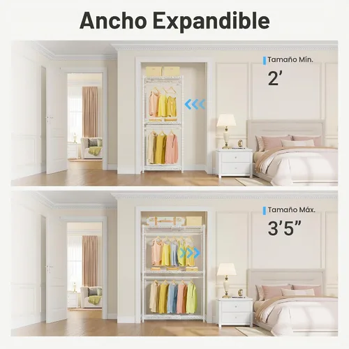 Vista 2 de VIPEK X1 Perchero de Ropa Extensible Uso Pesado Ajustable de 2' a 3'5" con Estantes Flexibles y Barras Colgadoras Percheros de Metal para Ropa Blanco