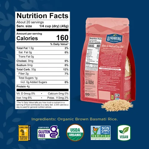 Vista 2 de Lundberg Basmati orgánico, arroz integral de grano largo – No pegajoso, esponjoso y aromático, 32 onzas
