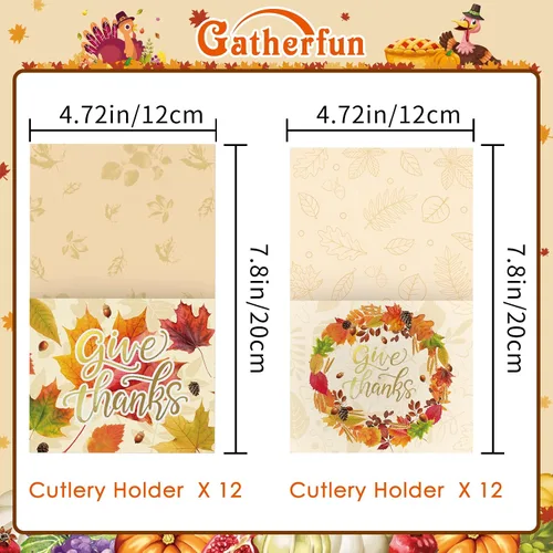 Vista 2 de Gatherfun Soporte para cubiertos de Acción de Gracias, lámina dorada con diseño de hoja de arce Give Things, soporte para utensilios para decoración