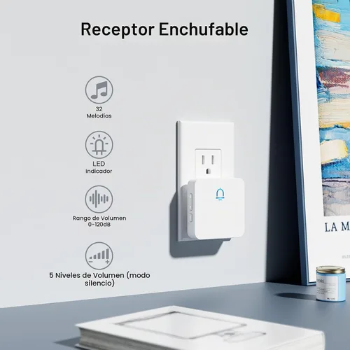 Vista 2 de Timbre inalámbrico con rango de 1000 pies, volumen ajustable, diseño impermeable, instalación sin complicaciones, 32 melodías, blanco