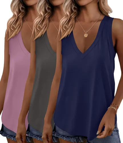 Vista 12 de KKJ Paquete de 3 camisetas sin mangas para mujer 2026 primavera verano vacaciones trajes cuello en V suelta sin mangas blusa casual camisas ropa