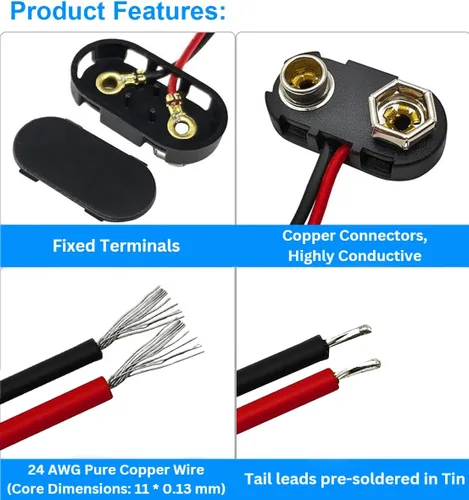 Vista 3 de California JOS 3 conectores de batería de 9 V, conector de hebilla de 9 voltios, carcasa de plástico duro utilizado en experimentos de estudiantes u