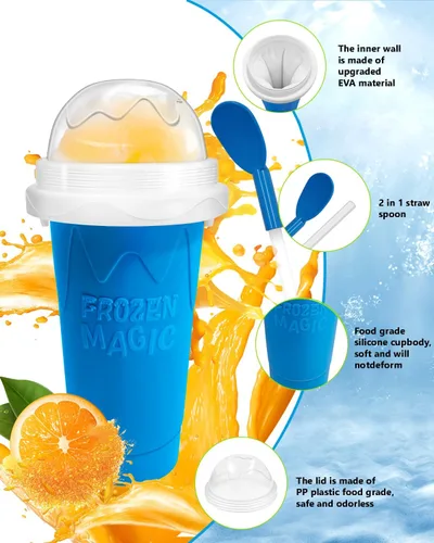 Vista 6 de Bollove - Vaso para granizar, tazas mágicas para hacer granizados para hacer tú mismo, taza portátil para jugos, leche y helado, doble capa de Azul
