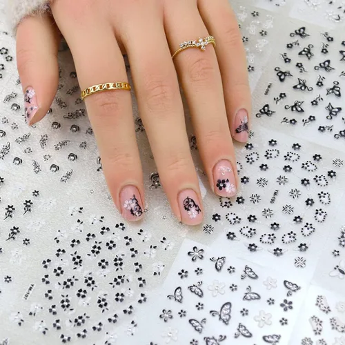 Vista 3 de Calcomanías para arte de uñas de flores, diseño de uñas en blanco y negro, calcomanías autoadhesivas 3D, suministros de arte de uñas, calcomanías