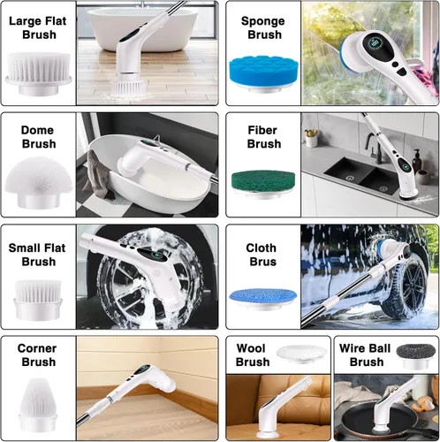 Vista 6 de Depurador eléctrico giratorio, limpiador eléctrico inalámbrico para bañera y azulejos con transmisión de voz de 3 velocidades 9 cabezales limpios