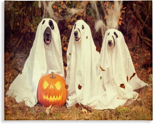 Vista 6 de Stupell Industries Placa de pared vintage con diseño de calabaza y perros fantasmas, 13 x 19 pulgadas, diseño de la artista Daphne Polselli