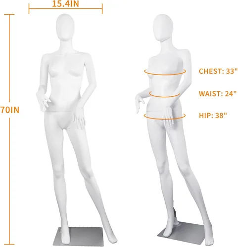 Vista 2 de Maniquí femenino Forma de vestido blanco Cuerpo completo Maniquí Cuerpo 70 pulgadas Maniquines ajustables Modelo de vestido de plástico Maniquines