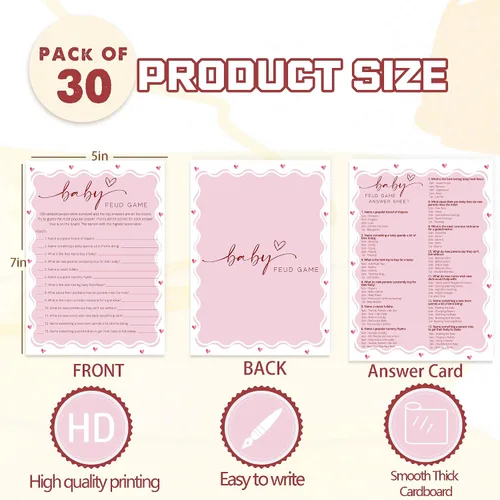Vista 2 de Tarjetas de juego de peleas familiares para baby shower con tarjeta de respuesta, juegos de baby shower rosa para 30 invitados, tarjetas
