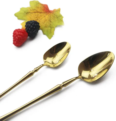Vista 6 de Juego de cubiertos dorados de 5 piezas de acero inoxidable 18/10 para 1, cuchillos con acabado espejo, tenedores, cucharas, ideal para bodas