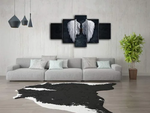 Vista 4 de Urttiiyy Lienzo decorativo de alas de ángel para pared, diseño de plumas de ángel en el suelo, pinturas en la pared, 5 paneles, carteles grandes