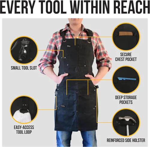 Vista 4 de ecoZen Delantal de soldadura de lona encerada con hilo de Kevlar, resistente al calor y a los productos químicos, totalmente ajustable