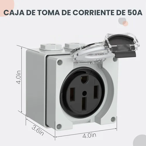Vista 3 de Caja de toma de corriente de 50 amperios Muelnmey, panel de receptáculo al aire libre resistente a la intemperie NEMA 14-50R de 125/250 voltios