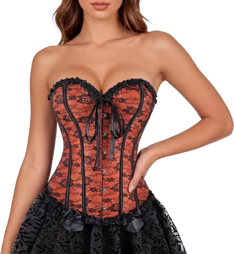 Vista 8 de Zhitunemi - Corsés para disfraz de vampiro para mujer: Corsé floral para mujer, trajes de Moulin, burlesque Beige