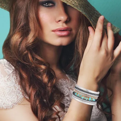Vista 3 de HUASAI Pulsera bohemia de piel sintética para mujer, joyería de turquesa occidental multicapa