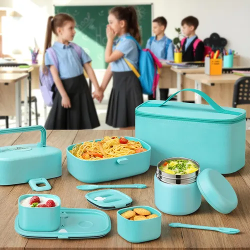 Vista 2 de Lonchera Bento para niños con termo de sopa de 8 onzas, 2 recipientes de alimentos a prueba de fugas, una bolsa de almuerzo, tarro de comida