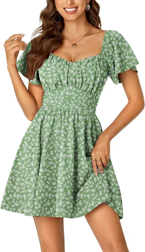 Vista 10 de Rooscier Minivestido acampanado de manga corta con volantes, cuello cuadrado, envolvente y espalda anudada para mujer