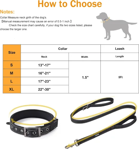 Vista 2 de Annchwool Juego de collar ajustable para perro y correa de 5 pies con hebilla de metal resistente, cómodo forro reflectante y doble asa para perros