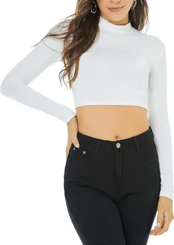 Vista 4 de LONGBIDA Camiseta corta de manga larga con cuello alto falso para mujer, suave, delgada, sexy, elástica
