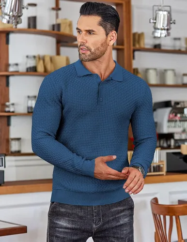 Vista 2 de COOFANDY Polo de punto para hombre, de manga larga, ligero, a la moda, informal, con cuello