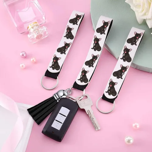 Vista 2 de Llavero de pulsera de toro francés Pulsera de llavero con diseño de perro Correa de muñeca gráfica para llave, Blanco, L