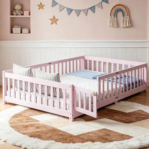 Vista 11 de Cama Montessori de tamaño matrimonial con tablillas, puerta y valla, cama Gris