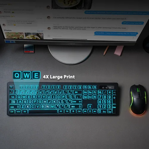 Vista 8 de Combo de teclado y mouse inalámbricos de impresión grande retroiluminada, teclados de tamaño completo de 2.4 G con teclas grandes iluminadas, teclas