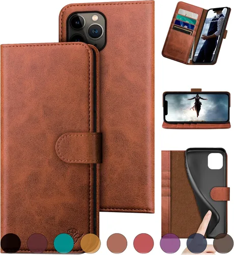 Vista 14 de DuckSky Funda tipo cartera de piel auténtica para iPhone 11 Pro con bloqueo RFID, 4 tarjeteros de crédito. Cuero auténtico. Funda protectora