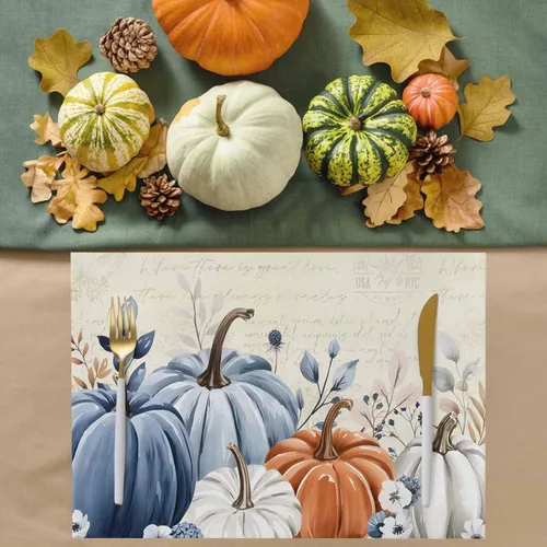 Vista 4 de Juego de 4 manteles individuales de otoño con diseño de calabaza azul, hojas florales, manteles individuales de otoño, lavables, cosecha, Acción