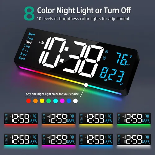 Vista 4 de LEIKE Reloj de pared digital grande de 16 pulgadas, control remoto, 2 alarmas, pantalla LED, DST automático, temperatura, reloj de luz nocturna
