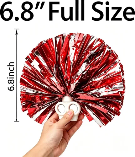 Vista 6 de Paquete de 2 pompones de animación, color rojo y plateado, pompones metálicos con asas de anillo, accesorios ligeros de 12 pulgadas de animadora