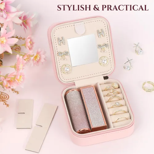 Vista 5 de MFXIP Regalos para el día de San Valentín para ella, estuche de joyería de viaje con inicial, estuche organizador de viaje pequeño, joyero de viaje