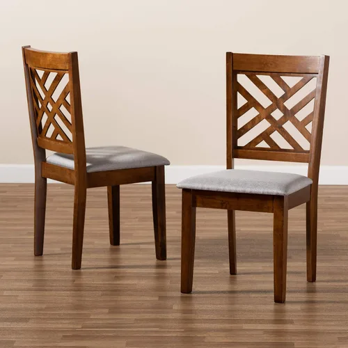 Vista 8 de Baxton Studio Caron - Juego de sillas de comedor (2 piezas, tela gris tapizada con madera con acabado marrón nogal)