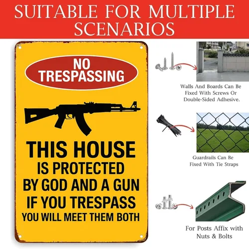 Vista 3 de Póster de metal retro con advertencia de "No Trespassing Gun" para garaje, hombre, cueva, baño, dormitorio, granja, inspirador, arte de pared