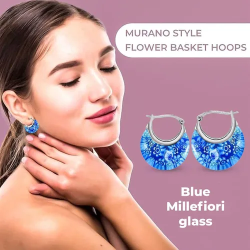 Vista 5 de Murano Style Glass Hoop Earrings for Women Trendy Daisy Flower Stainless Steel Dangle Fun Vibrant Colors Teacher Glass Jewelry Unique Birthday Gifts