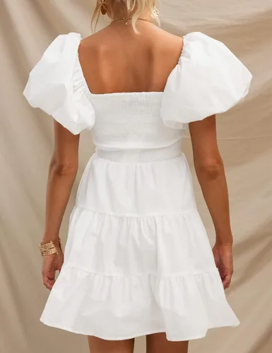 Vista 4 de ZESICA Vestido corto bohemio de verano para mujer, con cuello cuadrado, manga abombada, hombros descubiertos, fruncido, escalonado, casual