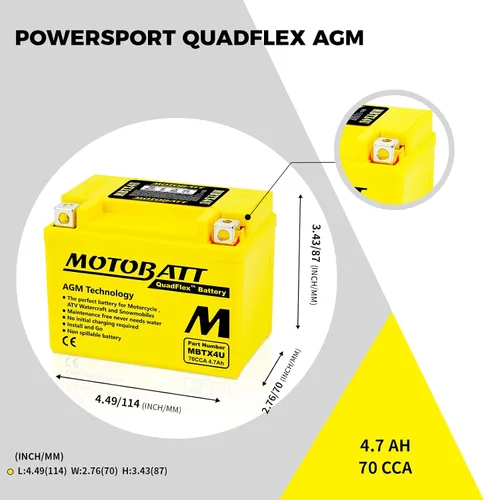 Vista 4 de MotoBatt MBTX4U reemplaza a YTZ5S YTX4LBS YT4LBS YB4LA YB4LB